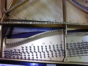 リビルド完了中の1907年製Steinway Model B　新しい調律ピンを打ち込み、弦を張る準備をします。